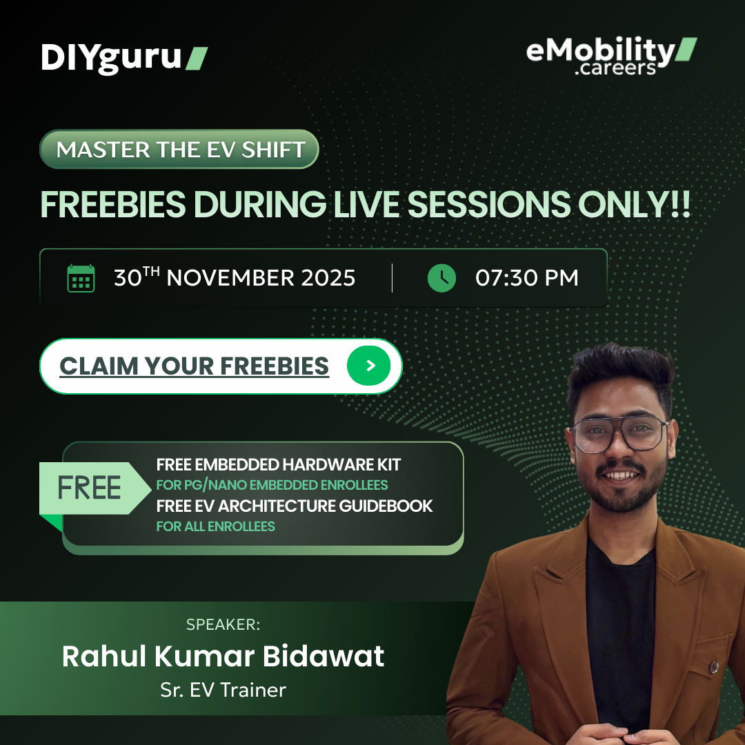 Promotional banner for a DIYguru and eMobility Careers live session on 30th November 2025 featuring freebies and speaker Rahul Kumar Bidawat.