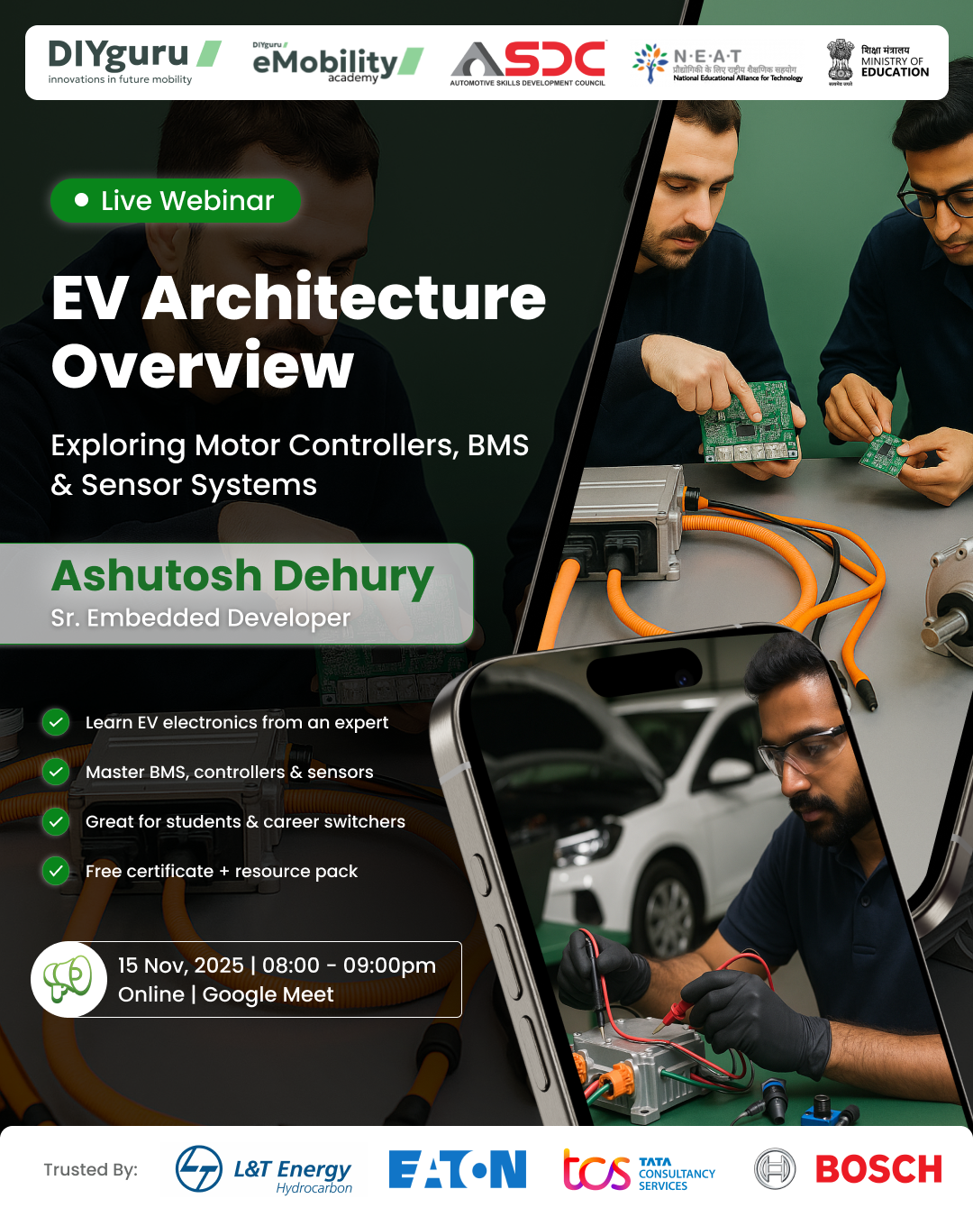 Poster for DIYguru’s EV Architecture Overview webinar showing real engineers assembling motor controllers, testing EV circuits, and working with battery systems and sensor modules.