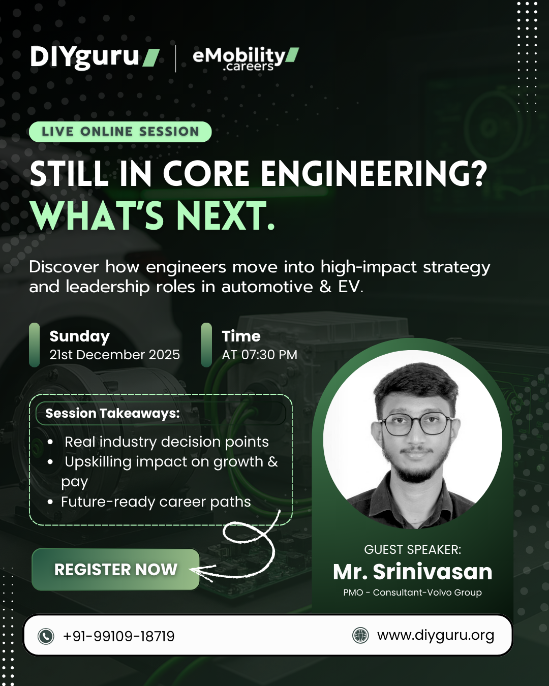 Live online webinar on EV career roadmap for engineers with Volvo Group PMO consultant at DIYguru