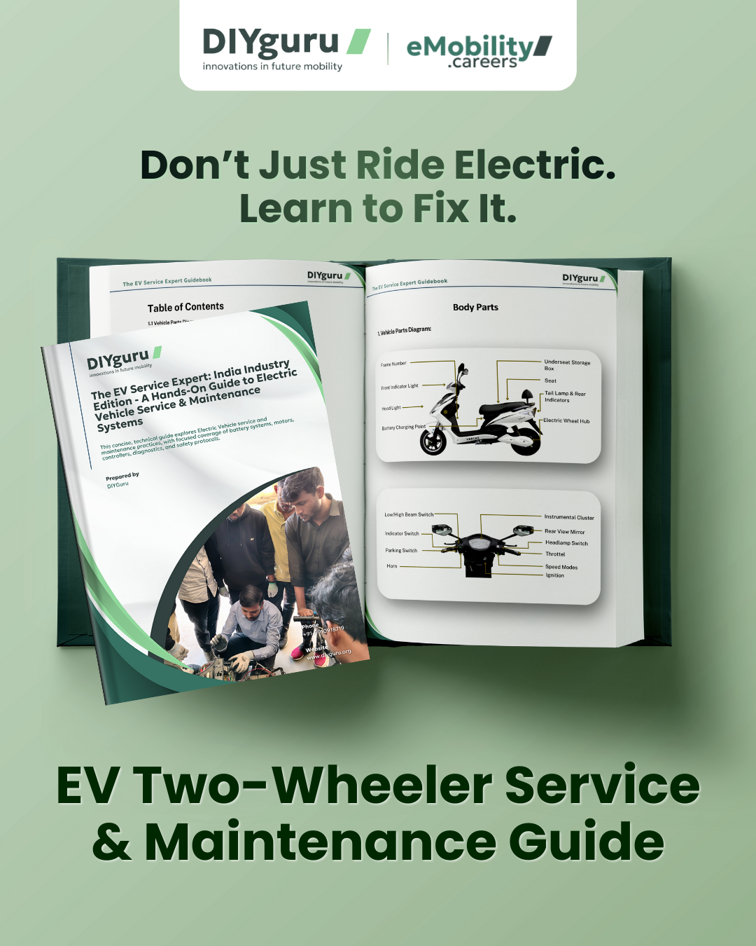 EV two-wheeler service and maintenance guidebook cover with hands-on training visuals
