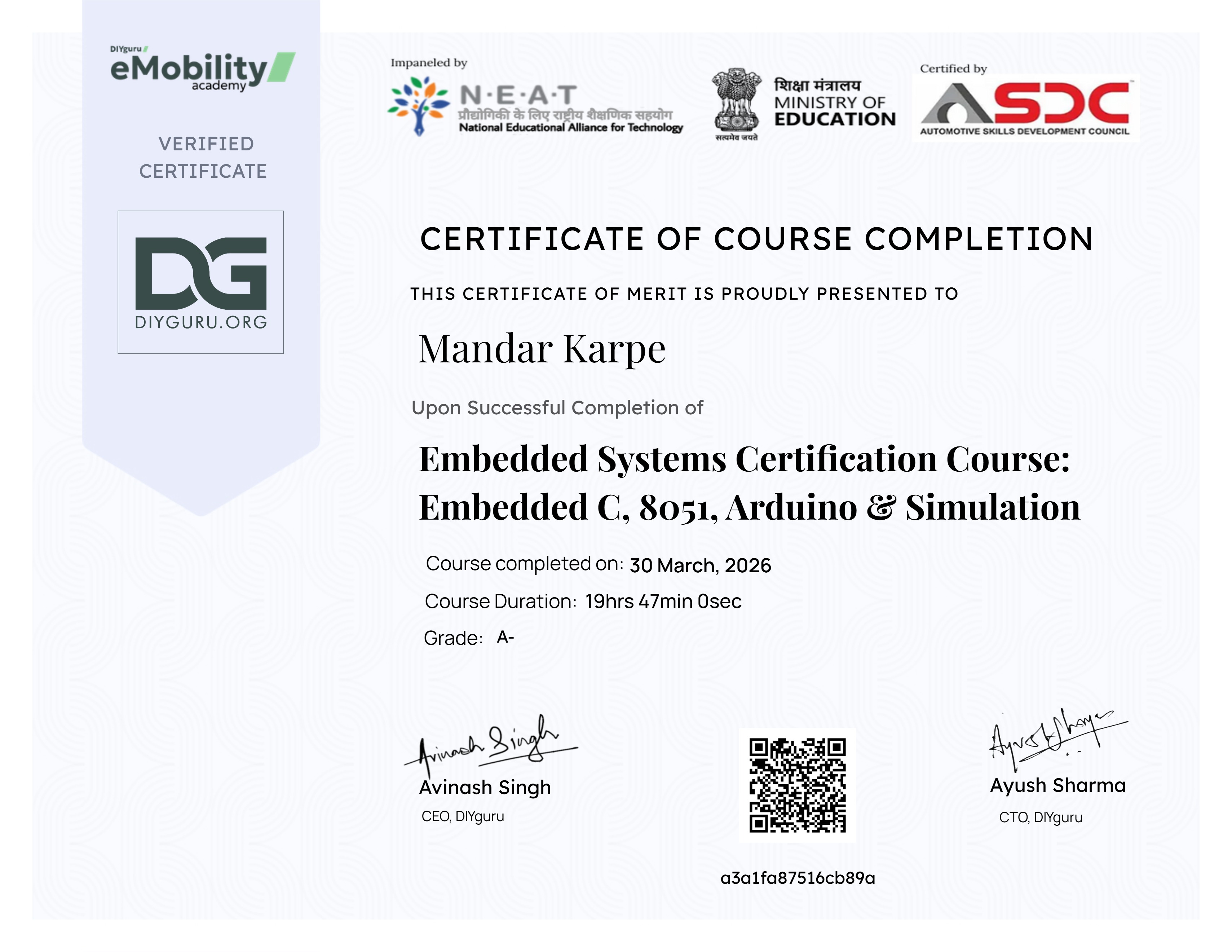 Embedded Systems Certification Course: Embedded C, 8051, Arduino & Simulation