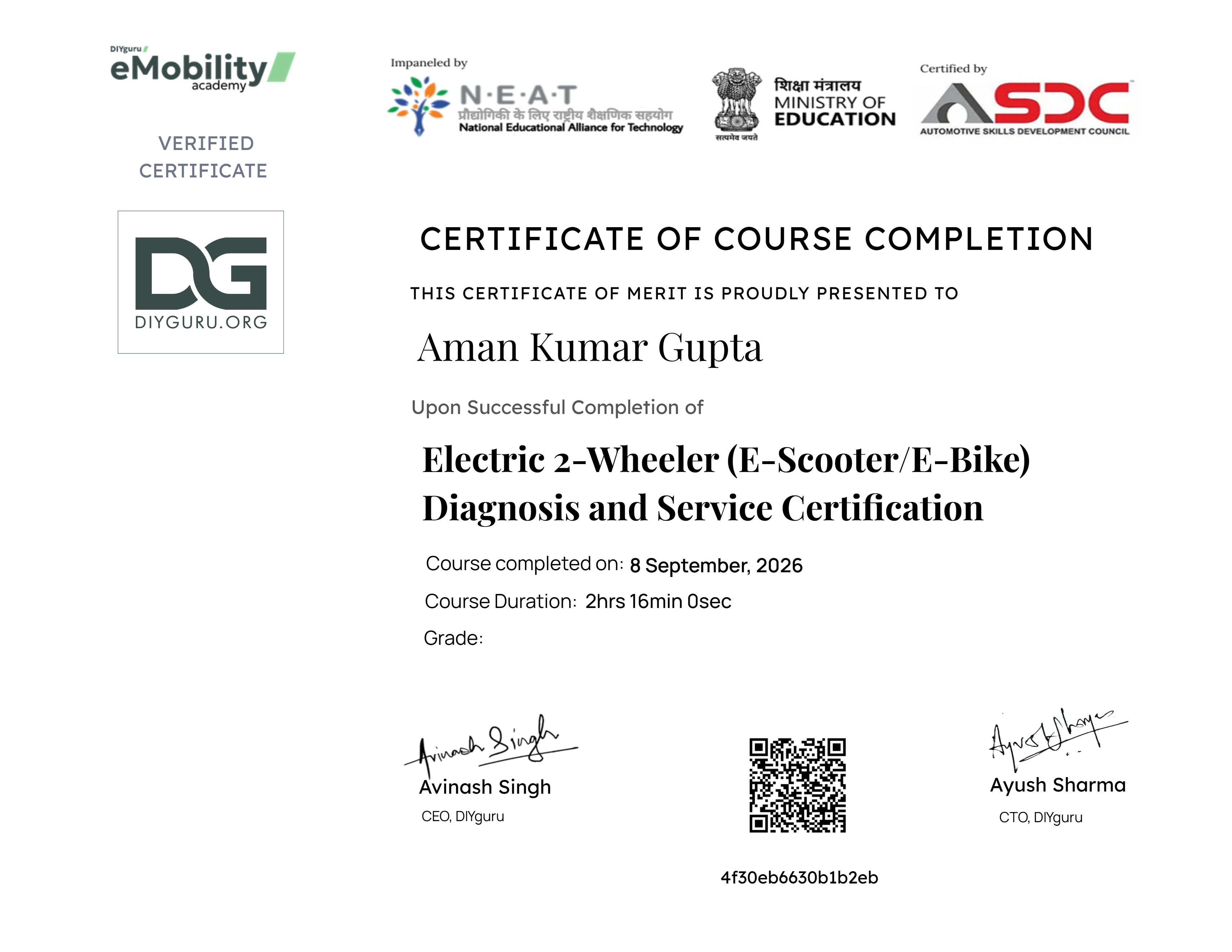 Electric 2-Wheeler (E-Scooter/E-Bike) Diagnosis and Service Certification